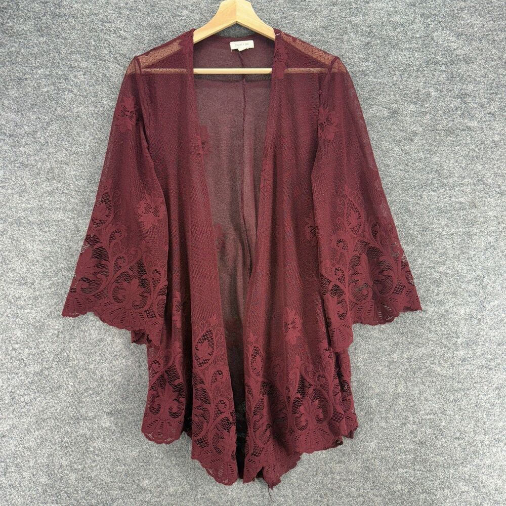 Paper + Tee Top Women S Small Red Open Front 3/4 Sleeve Floral Sheer Casual